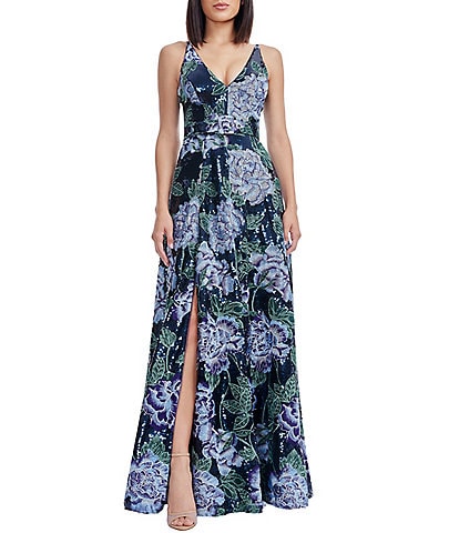 Dress the Population Alyssa V-Neck Sleeveless Floral Embroidered Sequin A-Line Gown
