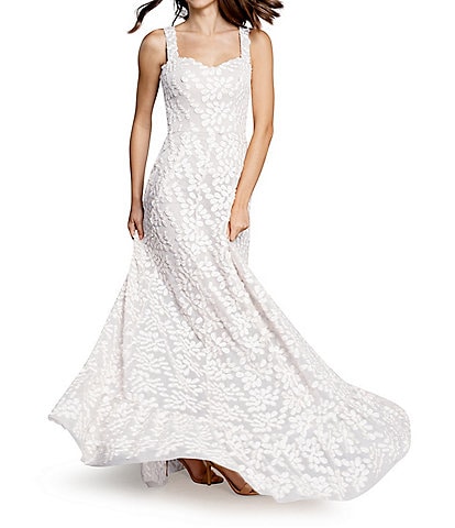 Dress the Population Anabel Sequin Embroidered Floral Sweetheart Neck Sheer Sleeveless A-Line Gown