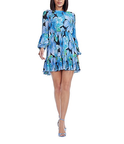Dress the Population Aulani Floral Plisse Knit High Neck Blouson Sleeves Mini Fit & Flare Dress