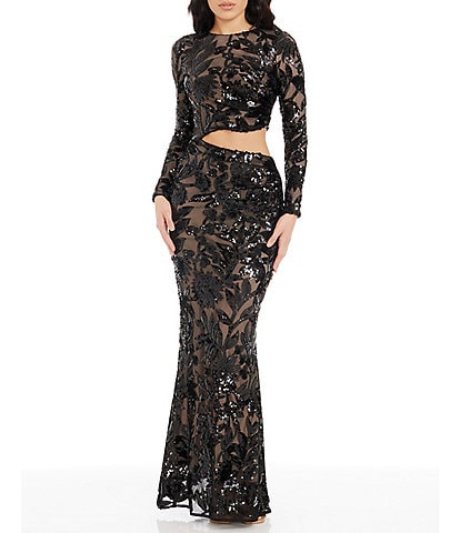 Dress The Population Candace Floral Sequin Mesh Round Neck Long Sleeve Cutout Gown