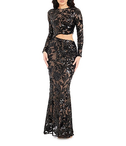 Dress the Population Candace Floral Sequin Mesh Round Neck Long Sleeve Cutout Gown