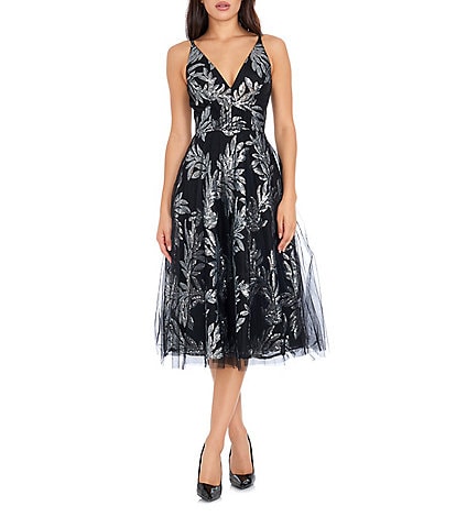 Dress the Population Courtney Sequin Leaf Print Plunge V-Neck Sleeveless Midi Dress