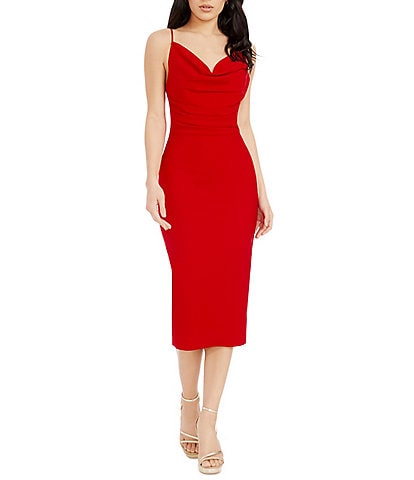 Dress the Population Drape Neck Sleeveless Stretch Crepe Knit Midi Dress