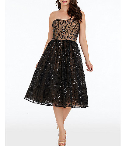 Dress the Population Embroidered Tulle Strapless Fit and Flare Dress