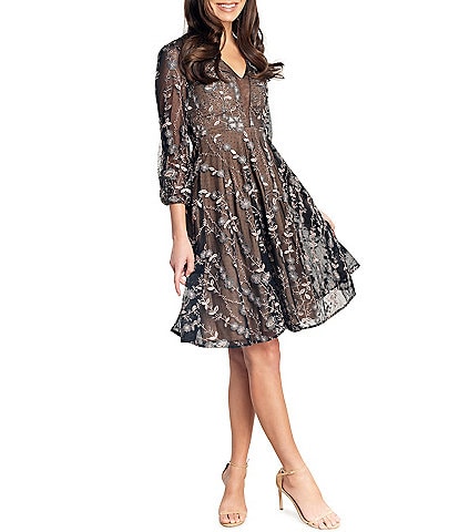 Dress the Population Embroidered V-Neck 3/4 Sleeve Fit and Flare Dress