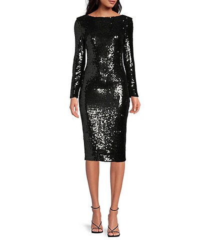 Dress the Population Emery Sequin Long Sleeve with Boat Neck Midi Sheath Dress
