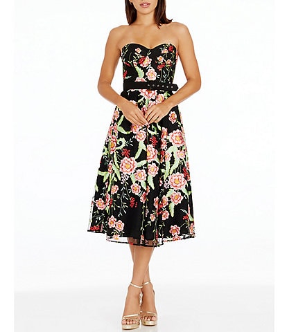 Dress the Population Floral Embroidered Strapless Neck Sleeveless Belted Midi Dress