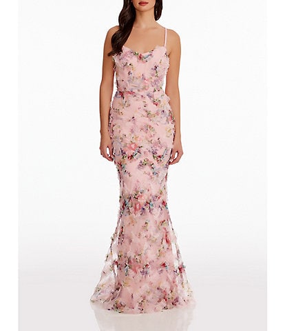 Dress the Population Giovanna Floral Print Ruffle V-Neck Sleeveless Mermaid Gown