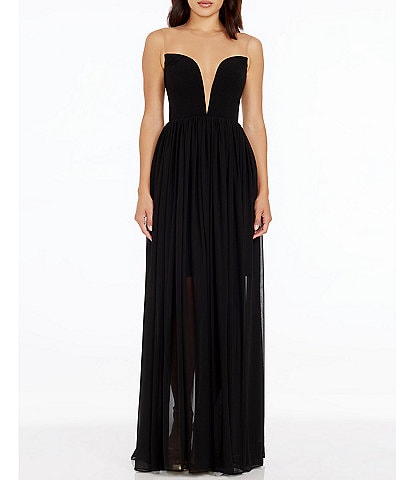 Dress the Population Illusion Plunge Neckline Sleeveless Fit and Flare Gown