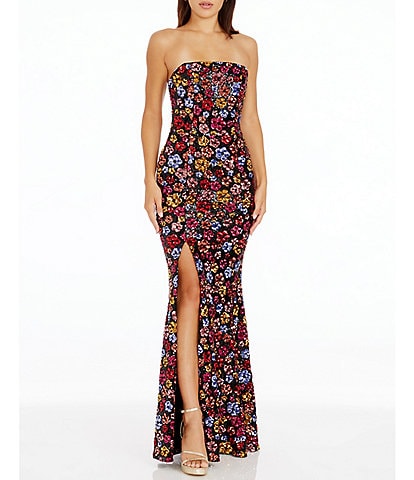 Dress the Population Janelle Sequin Floral Strapless Sleeveless Side Slit Gown