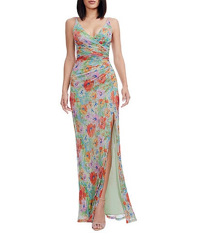 Dress the Population Jordan V-neck Side Ruched Abstract Floral Metallic Chiffon Column Gown