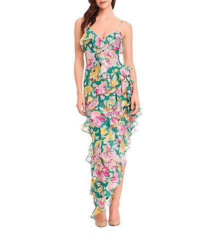 Dress the Population Josefina V-Neck Strapless Floral Print Georgette Ruffle Asymmetrical Maxi Dress