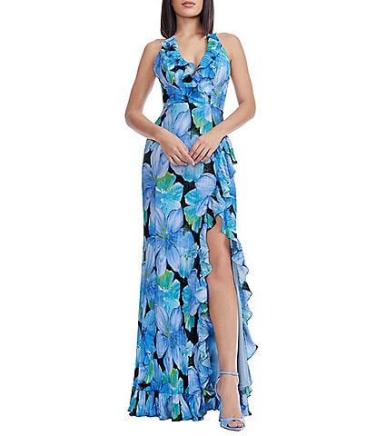 Dress the Population Kathleen Floral V-Neck Sleeveless Ruffle Trim Mermaid Dress