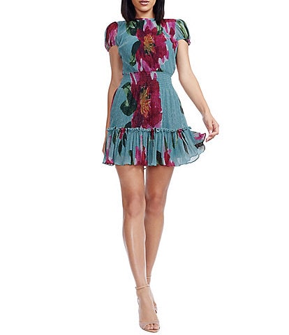 Dress the Population Kenley Round Neck Short Sleeve Floral Print Chiffon Blouson Dress