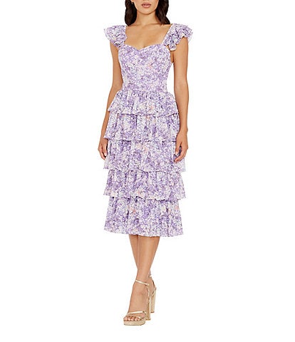 Dress the Population Kristen Sweetheart Neck Tiered Ruffle Midi Dress