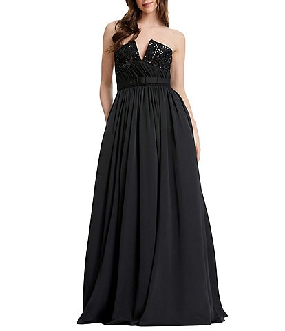 Dress the Population Kristine Satin Strapless V-Neck A-Line Gown