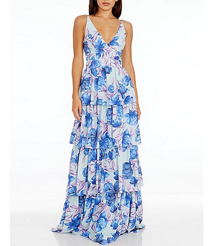 Dress the Population Lorain Floral Print V-Neck Sleeveless Tiered Gown
