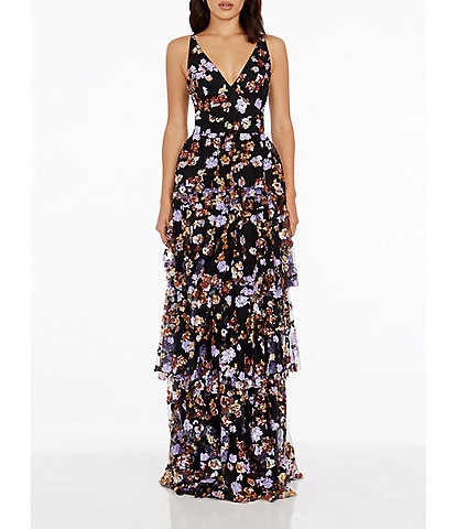 Dress the Population Lorain Floral Sequin V-Neck Sleeveless Tiered Gown