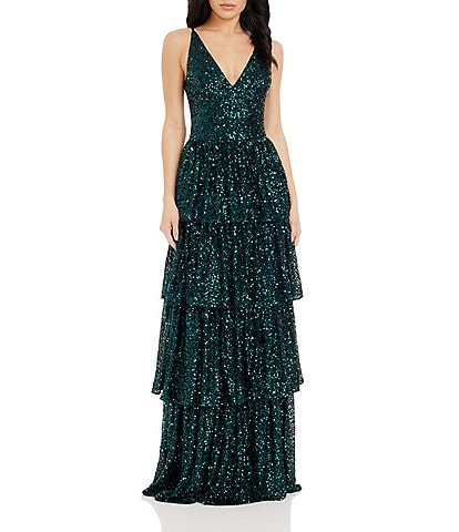 Dress the Population Lorain Sequin V-Neck Sleeveless Tiered Gown