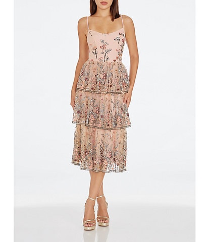 Dress the Population Loretta Floral Beaded Embroidered Sleeveless Tiered Midi Dress