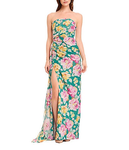 Dress the Population Lulu Strapless Side Ruched Metallic Floral Chiffon Column Gown