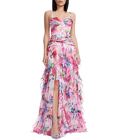 Dress the Population Lux Floral Print Sweetheart Neckline Ruffle Maxi Dress