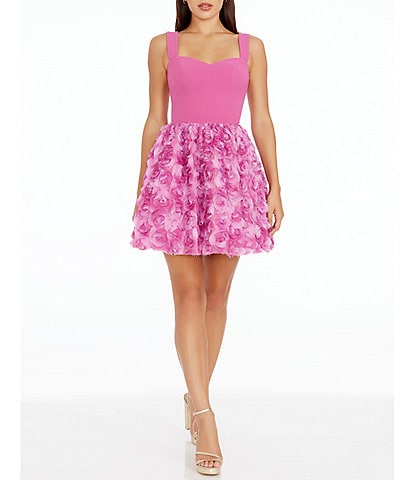 Dress the Population Melanie Sweetheart Neck Sleeveless 3D Floral Rosette Skirt Mini Dress