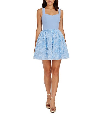 Dress the Population Melanie Sweetheart Neck Sleeveless 3D Floral Rosette Skirt Drop Waist Mini Dress