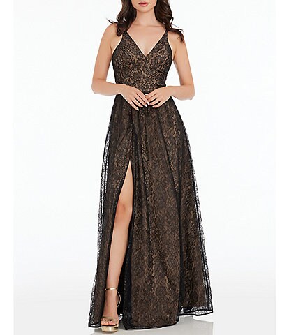Dress the Population Metallic Floral Lace V-Neck Sleeveless Gown
