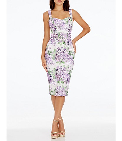Dress the Population Nicole Floral Print Sweetheart Neck Sleeveless Belted Dress