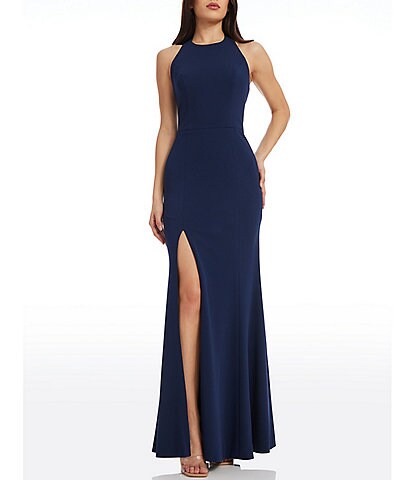 Dress the Population Paige Halter Neck Sleeveless Open Back Side Slit Mermaid Gown