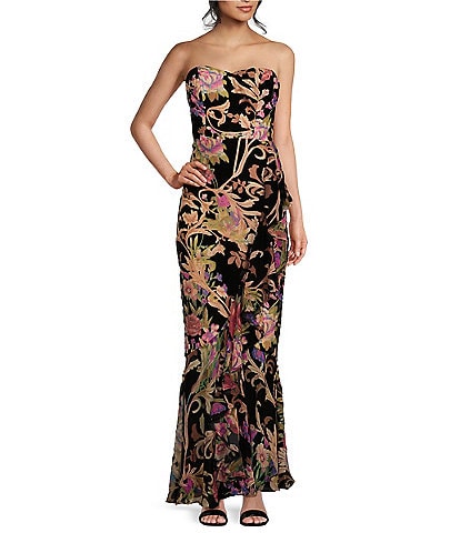Dress the Population Paris Floral Print Velvet Strapless Ruffled Mermaid Gown