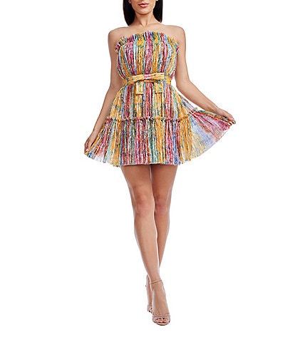 Dress the Population Petra Metallic Knit Strapless Bow Waist Mini Dress