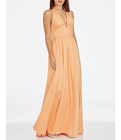 Dress the Population Rhea Plunge V-Neck Halter Sleeveless Pleated Gown