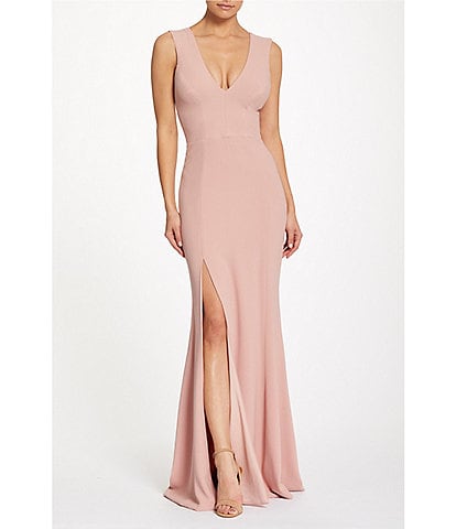 Dress the Population Sandra Crepe Plunge V-Neck Sleeveless Side Slit Gown