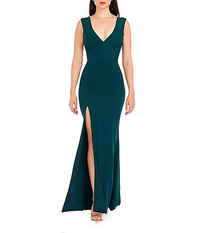 Dress the Population Sandra Crepe Plunge V-Neck Sleeveless Side Slit Gown