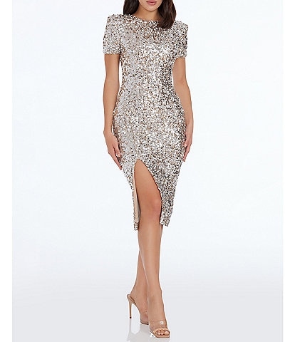 Dress the Population Sequin Boat Neck Short Sleeve Side Slit Dress