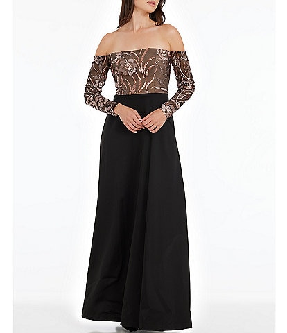 Dress the Population Sequin Embellished Off-the-Shoulder Long Sleeve A-Line Maxi Dress