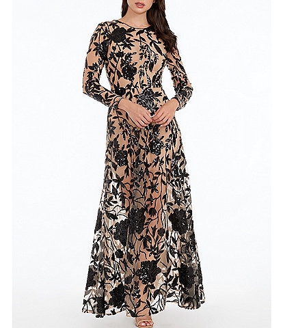 Dress the Population Sequin Embroidery Round Neckline Long Sleeve Gown