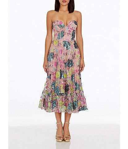 Dress the Population Sequin Floral Sweetheart Strapless Bustier Fit and Flare Midi Dress