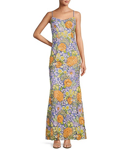 Dress the Population Sequin Floral V Neckline Sleeveless Mermaid Gown