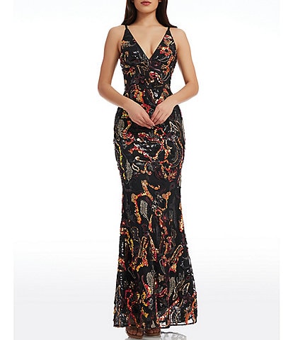 Dress the Population Sharon Abstract Sequin Print V-Neck Sleeveless Mermaid Gown