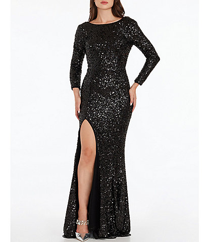 Dress the Population Stretch Sequin High Neck Low Cowl Back Long Sleeve Mermaid Gown