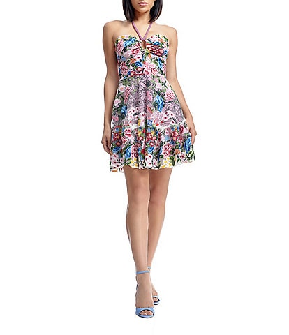 Dress The Population Trixie Halter Neck Floral Embroidered A-Line Mini Dress