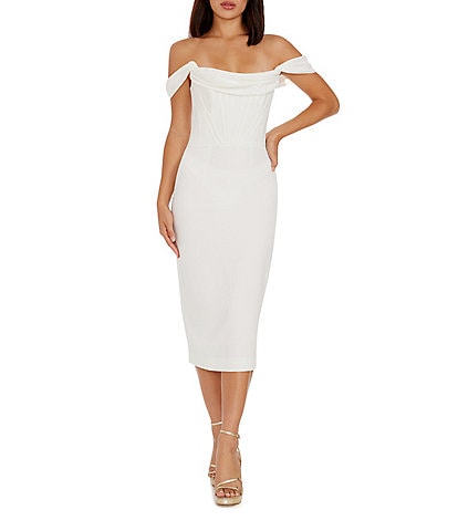 Dress the Population Vickie Off The Shoulder Corset Draped Bodycon Midi Dress