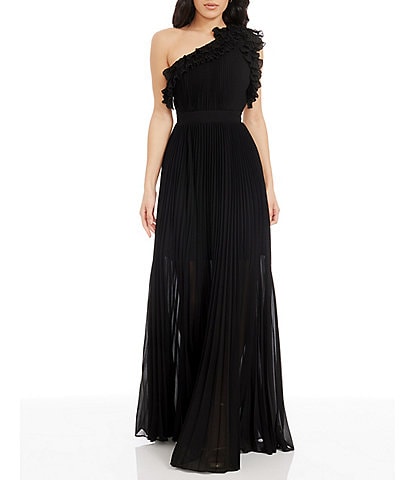 Dress the Population Vida Ruffle One Shoulder Sleeveless Pleated Gown