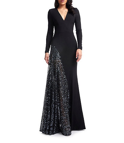 Dress the Population Winnie Sequin V-Neck Long Sleeve Godet Sheath Gown