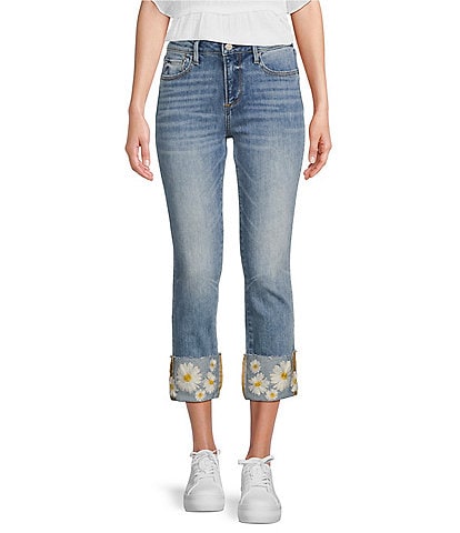 Driftwood Colette Stretch Denim Embroidered Daisy Cuffed Cropped Straight Leg Jeans