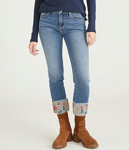 Driftwood Colette Stretch Denim Embroidered Floral Cuffed Cropped Straight Leg Jeans