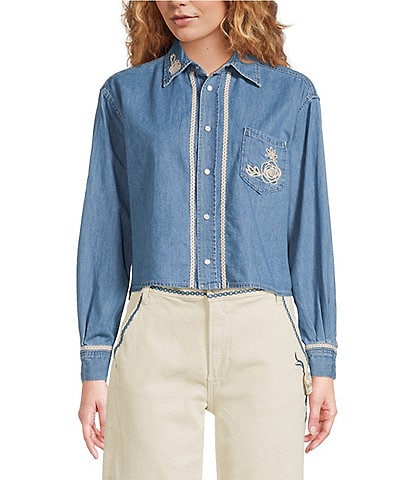 Driftwood Denim Point Collar Long Sleeve Embroidered Floral Applique Shirt